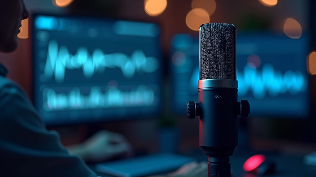 Mikrofon ve ses dalgaları, konuşma tanıma teknolojisi görseli, modern ses işleme ekranı