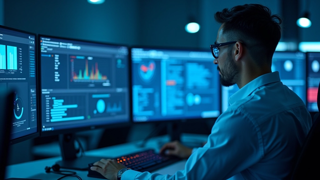 Modern NLP laboratuvarında Türkçe dil işleme teknolojisi çalışması, bilgisayar ekranları ve AI araştırması ortamı