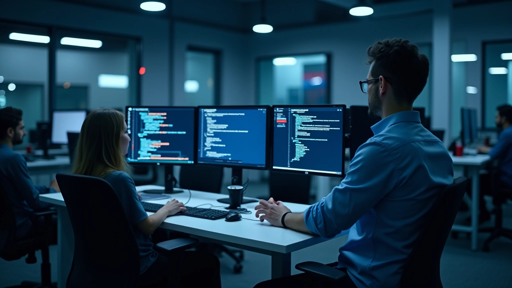 Modern yapay zeka ve dil işleme teknolojisi çalışma alanı, bilgisayar ekranları ve kod editörü, parlak aydınlatma