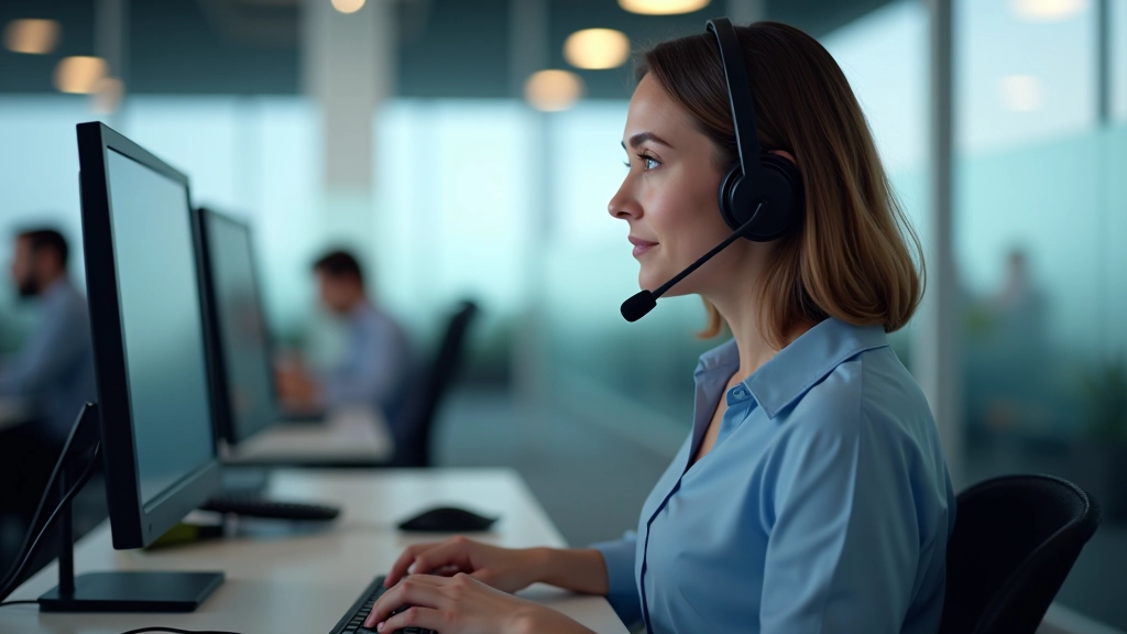Çağrı merkezi ortamı, müşteri hizmetleri temsilcisi kulaklıkla, ses teknolojisi görseli