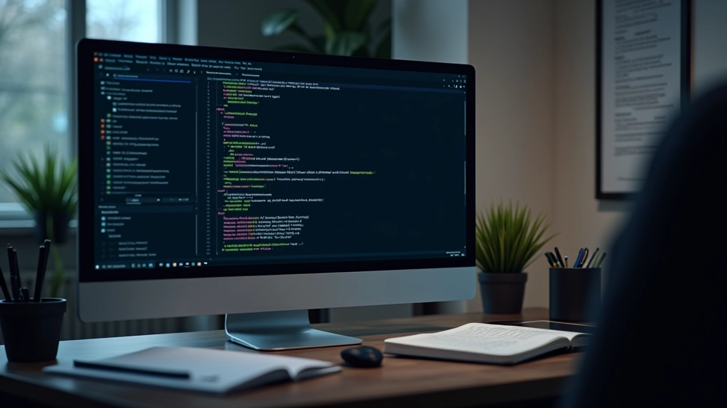Modern bilgisayar ekranında kod ve dil işleme şeması gösterilirken, teknik çalışma ortamı